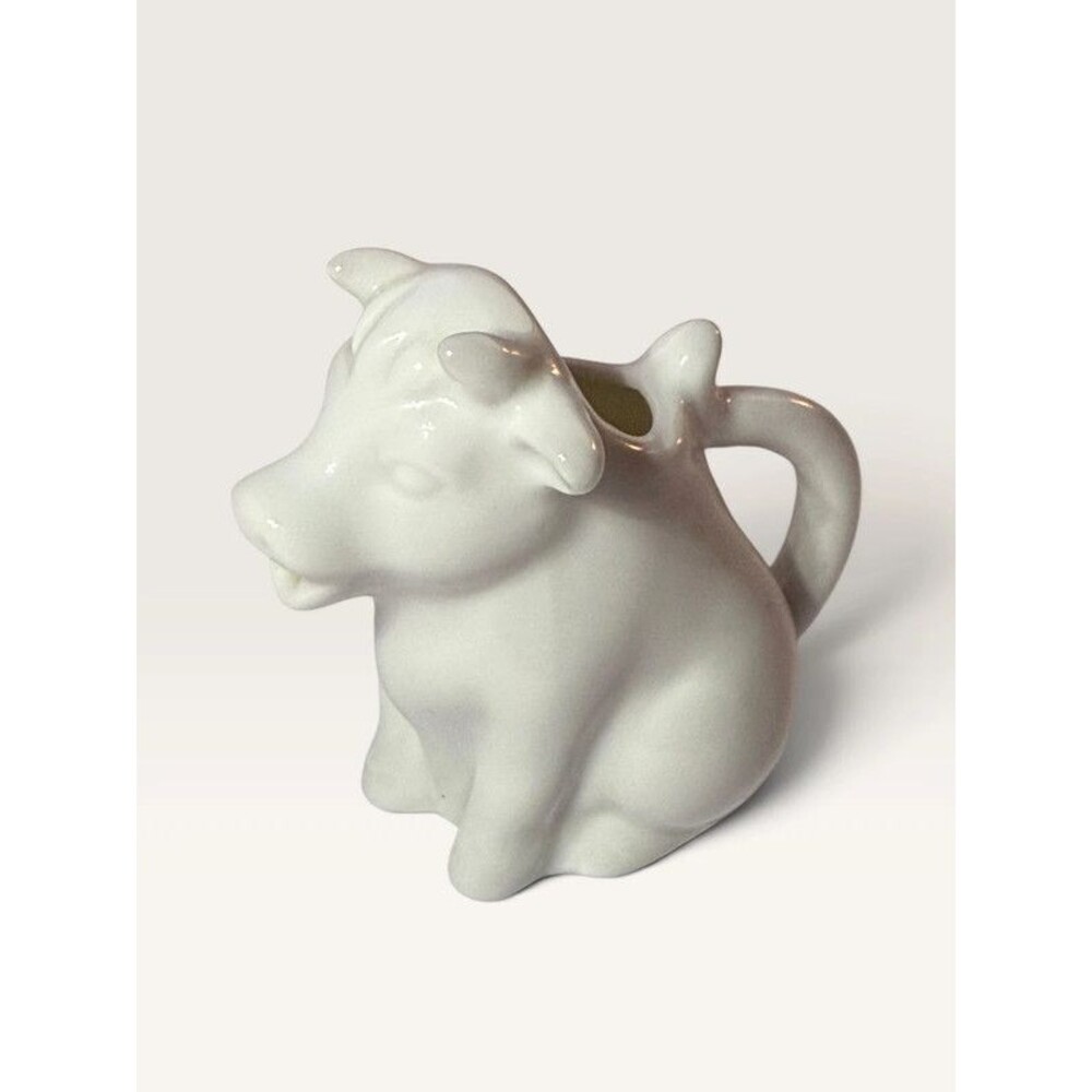 Vintage HIC Japan White Porcelain Sitting Cow Creamer Pitcher Mid Century Farmho